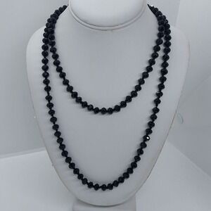 Long Black Faceted Crystal Beaded Necklace Statement Layering‎